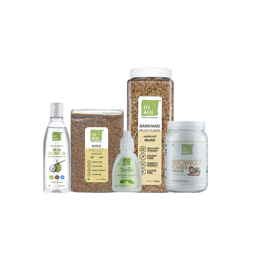Stevia Drop + VCO 100 + Arrowroot Indigenous + Barnyard Flakes + Kodo Millet Combo
