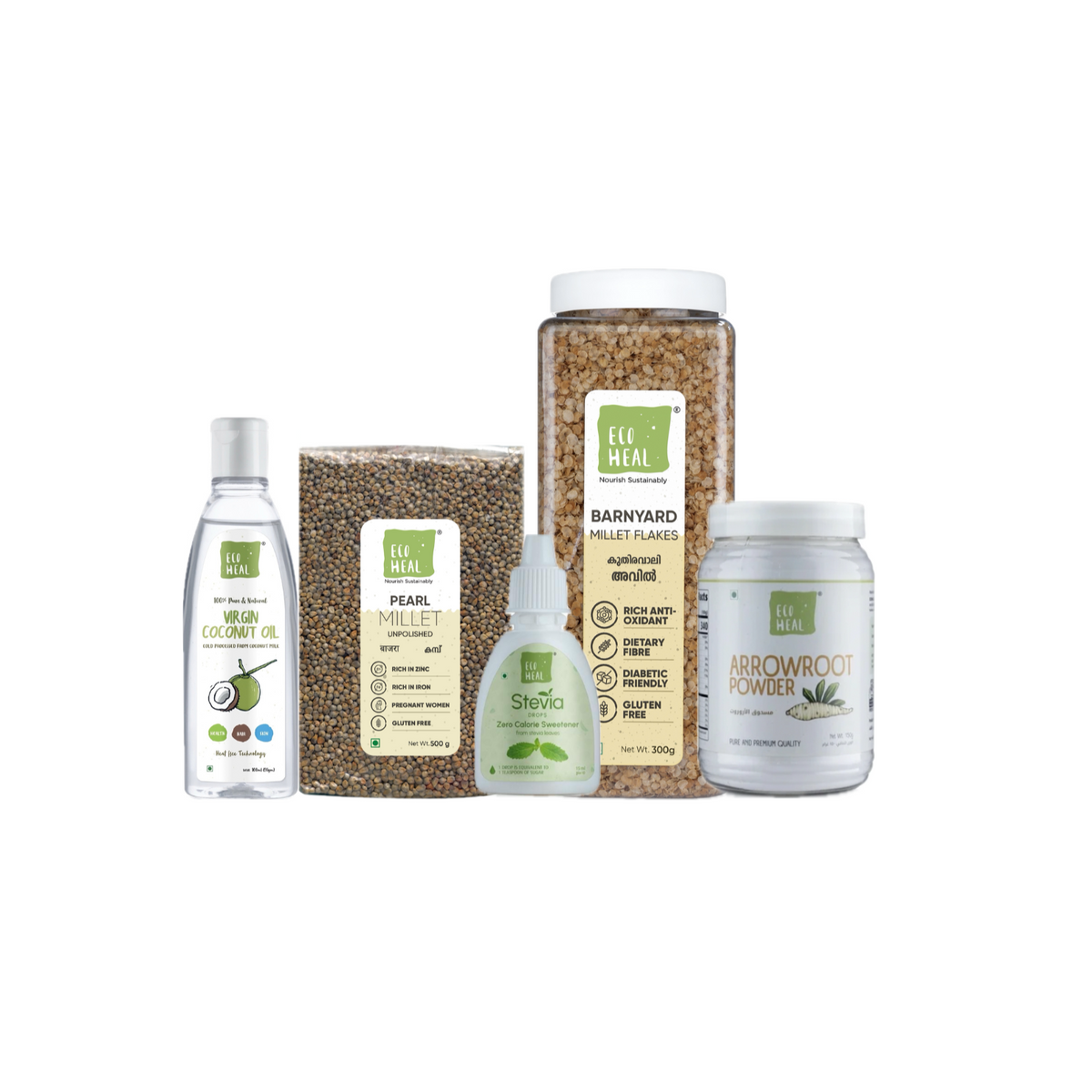 Stevia Drop + VCO 100 + Arrowroot + Barnyard Flakes + Pearl Millet Combo